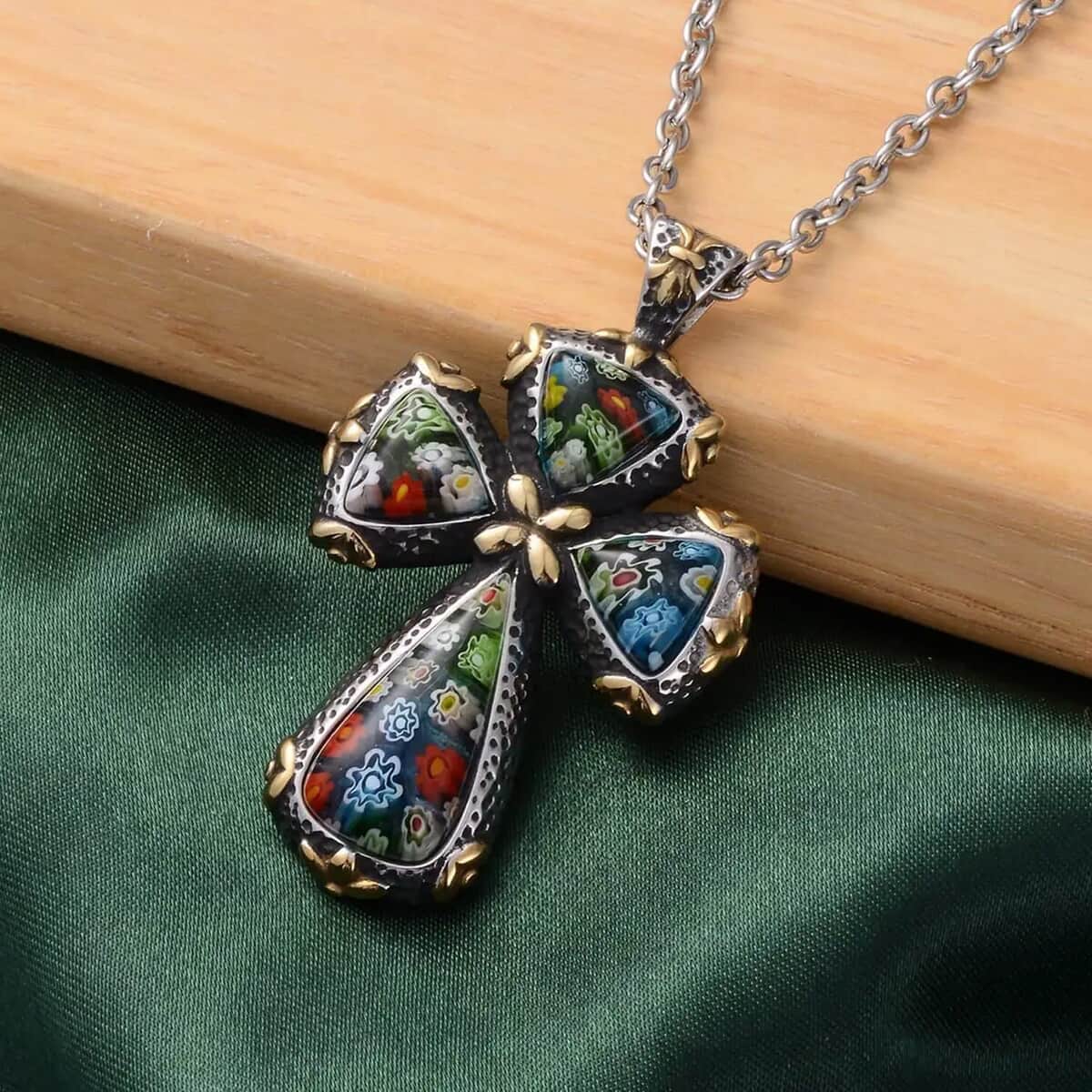 Murano Style Cross Pendant Necklace For Women in ION Plated YG Stainless Steel, Floral Millefiori Pendant Necklace, Sweatproof Hypoallergenic Necklace, Gift For Her image number 1