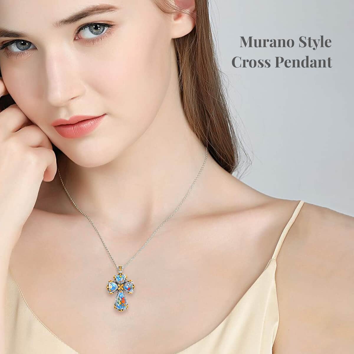 Murano Style Cross Pendant Necklace For Women in ION Plated YG Stainless Steel, Floral Millefiori Pendant Necklace, Sweatproof Hypoallergenic Necklace, Gift For Her image number 2