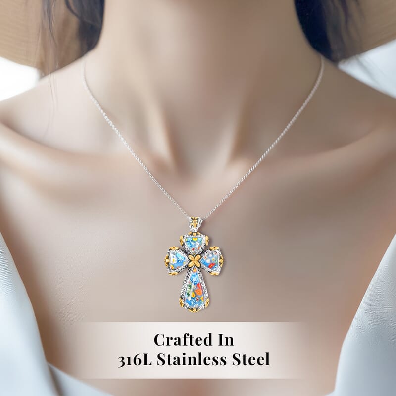 Multi Murano Style Cross Pendant Necklace For Women in ION Plated YG Stainless Steel 20 Inches