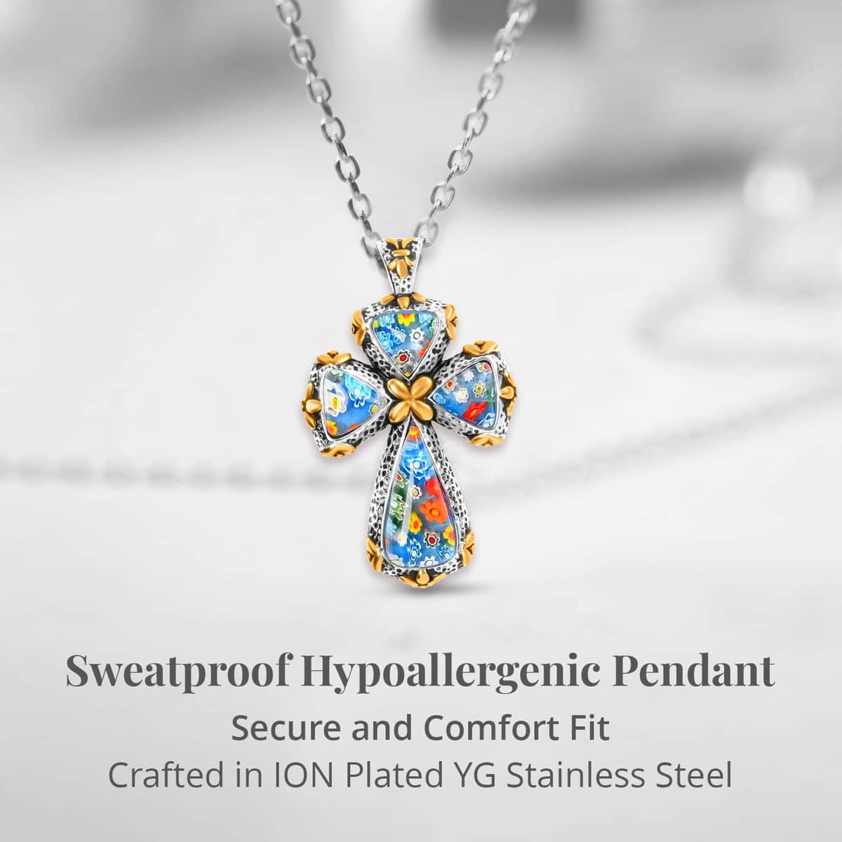 Murano Style Cross Pendant Necklace For Women in ION Plated YG Stainless Steel, Floral Millefiori Pendant Necklace, Sweatproof Hypoallergenic Necklace, Gift For Her image number 3