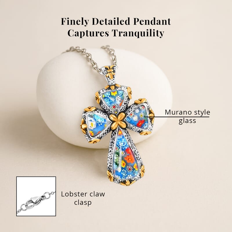Multi Murano Style Cross Pendant Necklace For Women in ION Plated YG Stainless Steel 20 Inches