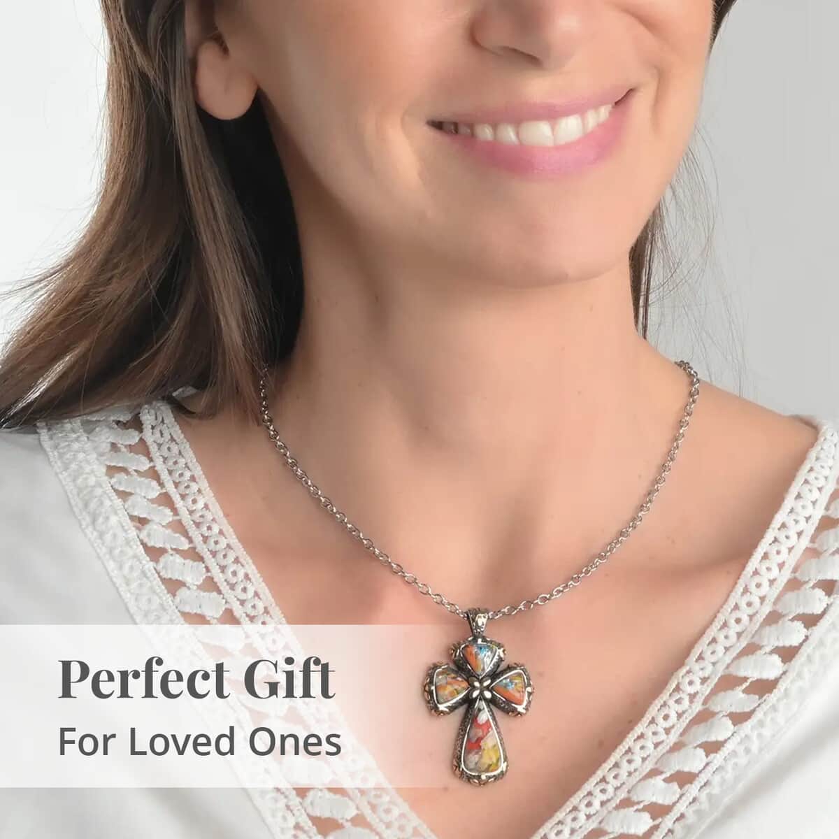 Murano Style Cross Pendant Necklace For Women in ION Plated YG Stainless Steel, Floral Millefiori Pendant Necklace, Sweatproof Hypoallergenic Necklace, Gift For Her image number 4