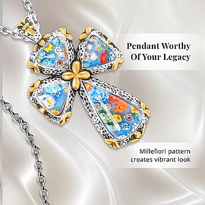 Multi Murano Style Cross Pendant Necklace For Women in ION Plated YG Stainless Steel 20 Inches