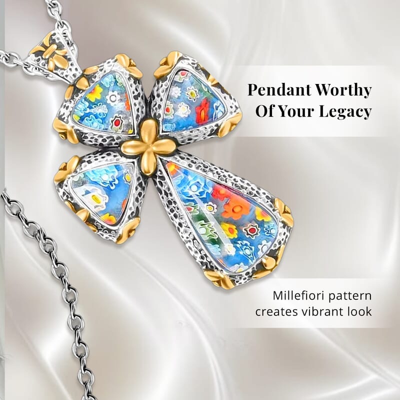 Multi Murano Style Cross Pendant Necklace For Women in ION Plated YG Stainless Steel 20 Inches
