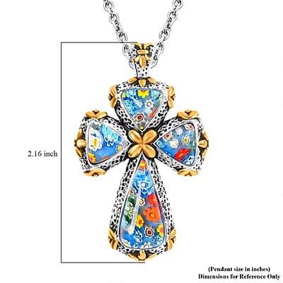 Multi Murano Style Cross Pendant Necklace For Women in ION Plated YG Stainless Steel 20 Inches