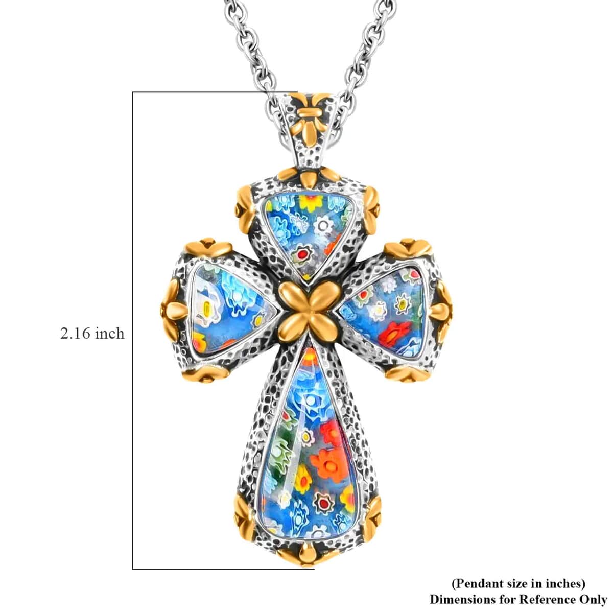 Murano Style Cross Pendant Necklace For Women in ION Plated YG Stainless Steel, Floral Millefiori Pendant Necklace, Sweatproof Hypoallergenic Necklace, Gift For Her image number 6