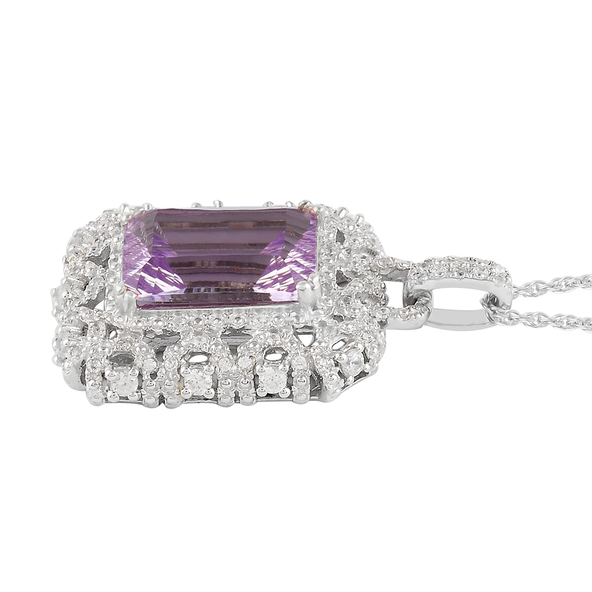 Rose De France Amethyst, Zircon Pendant Necklace in Sterling Silver 7.33 ctw (18 Inches)