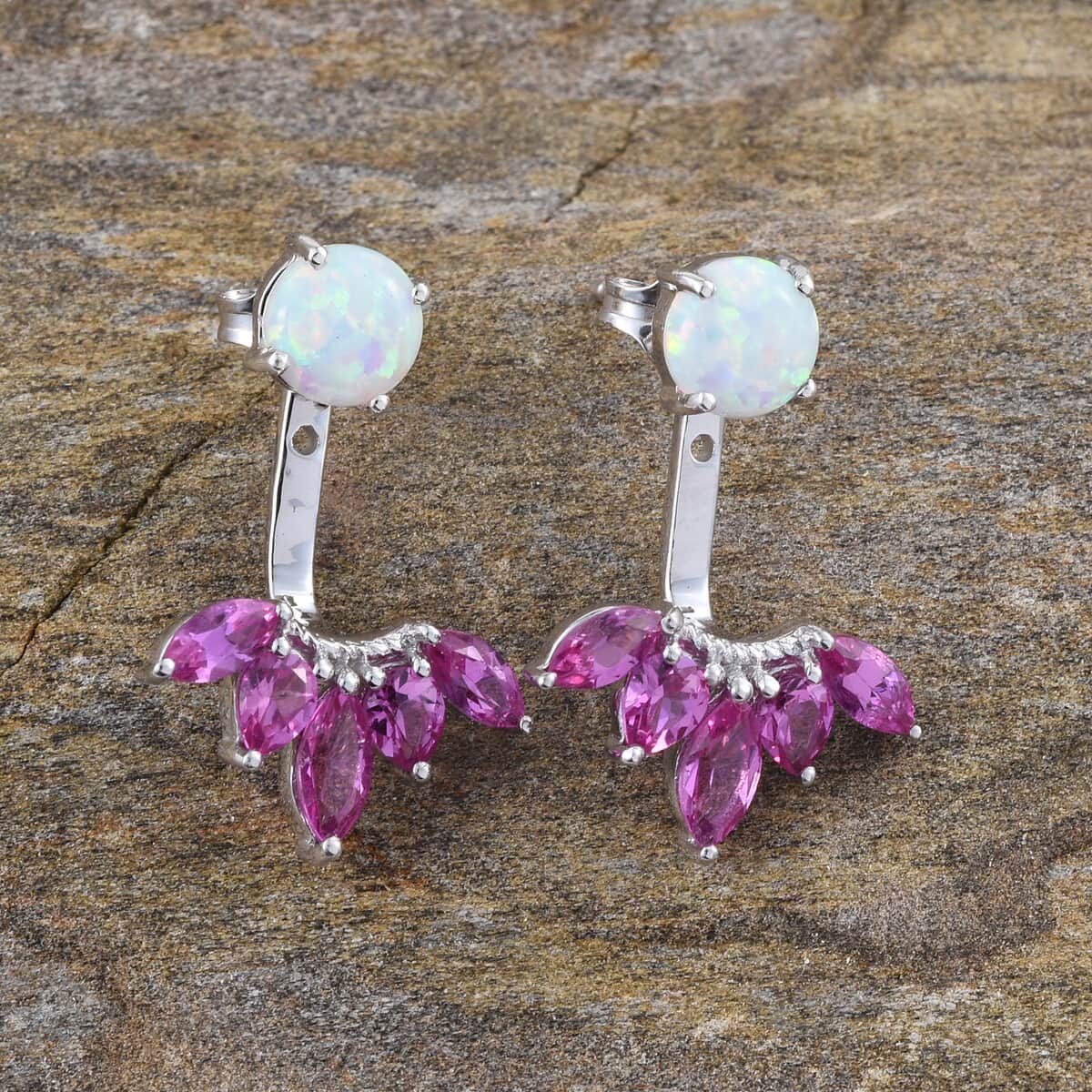 Lab Created Pink Sapphire and Lab Created Milky Opal Earrings in Sterling Silver image number 1