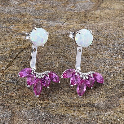 Lab Created Pink Sapphire and Lab Created Opal Earrings in Sterling Silver