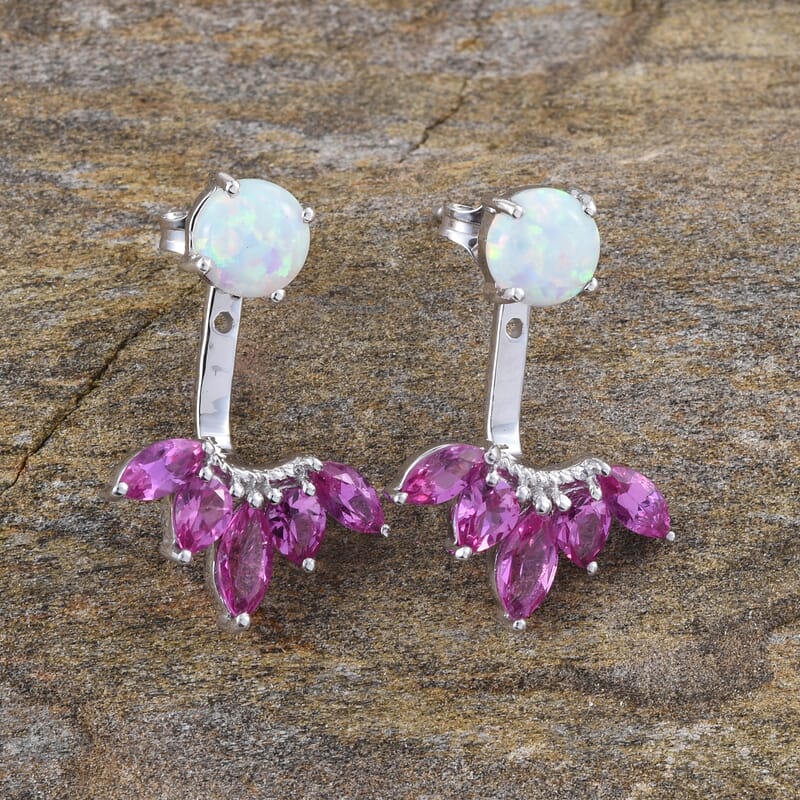 Lab Created Pink Sapphire and Lab Created Opal Earrings in Sterling Silver