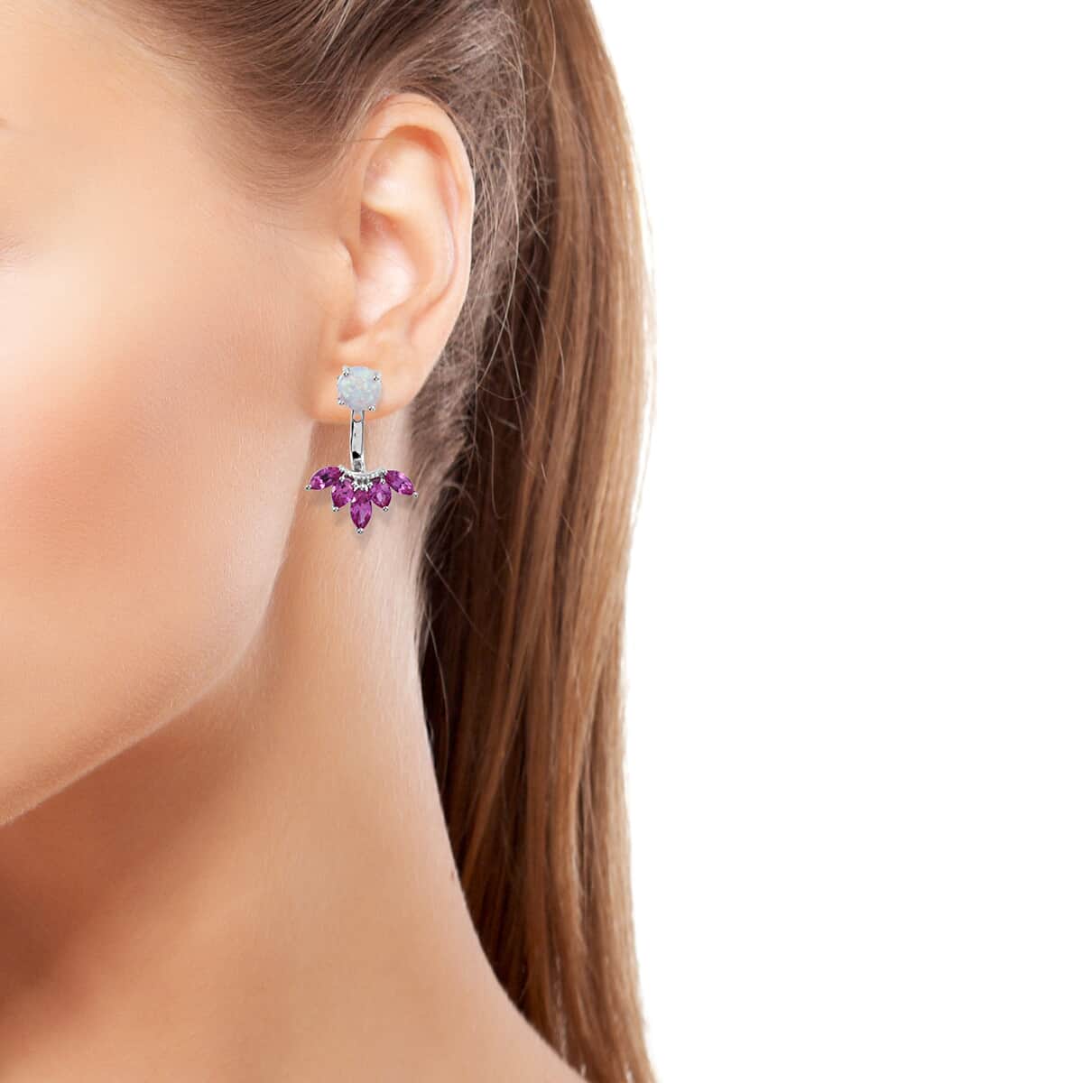 Lab Created Pink Sapphire and Lab Created Milky Opal Earrings in Sterling Silver image number 3