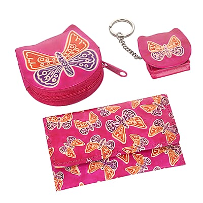 Pink Genuine Leather Butterfly Coin Pouch, Keychain and Wallet