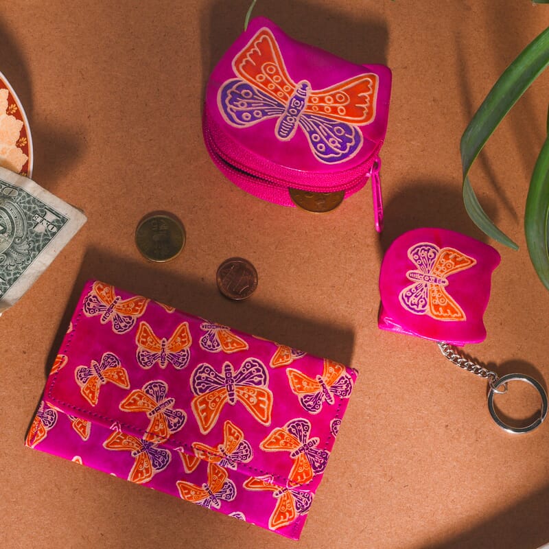 Pink Genuine Leather Butterfly Coin Pouch, Keychain and Wallet