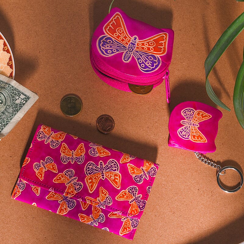 Pink Genuine Leather Butterfly Coin Pouch, Keychain and Wallet