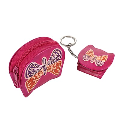 Pink Genuine Leather Butterfly Coin Pouch, Keychain and Wallet