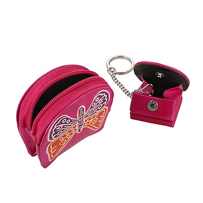 Pink Genuine Leather Butterfly Coin Pouch, Keychain and Wallet