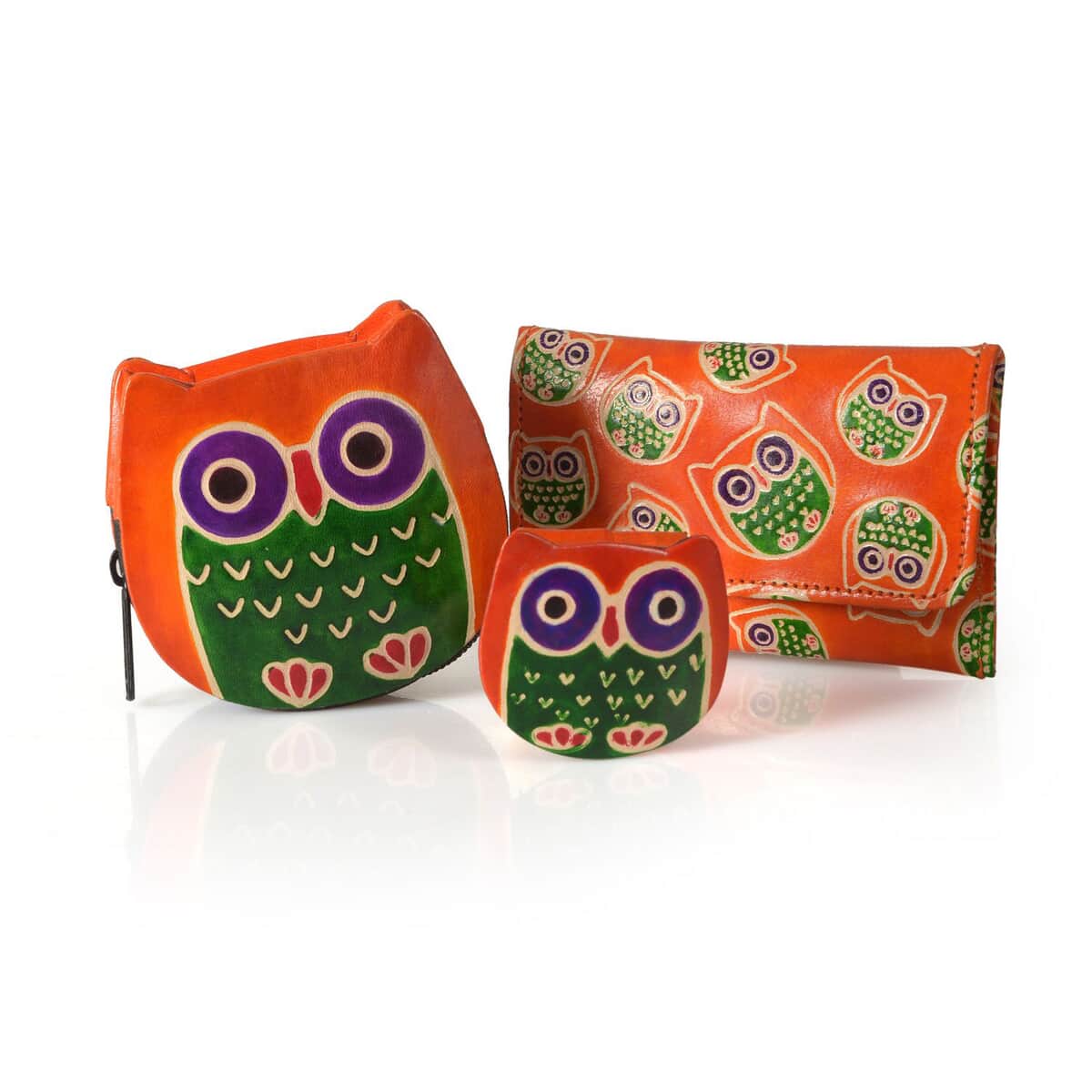 Orange Genuine Leather Owl Coin Pouch, Keychain and Wallet image number 0