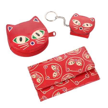 Red Genuine Leather Cat Coin Pouch, Keychain and Wallet image number 0