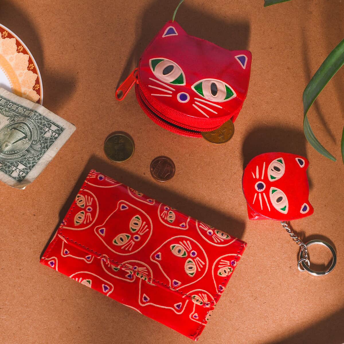 Red Genuine Leather Cat Coin Pouch, Keychain and Wallet image number 1