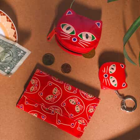 Red Genuine Leather Cat Coin Pouch, Keychain and Wallet image number 1