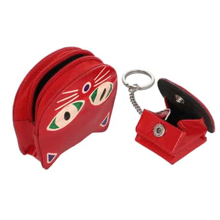 Red Genuine Leather Cat Coin Pouch, Keychain and Wallet image number 4