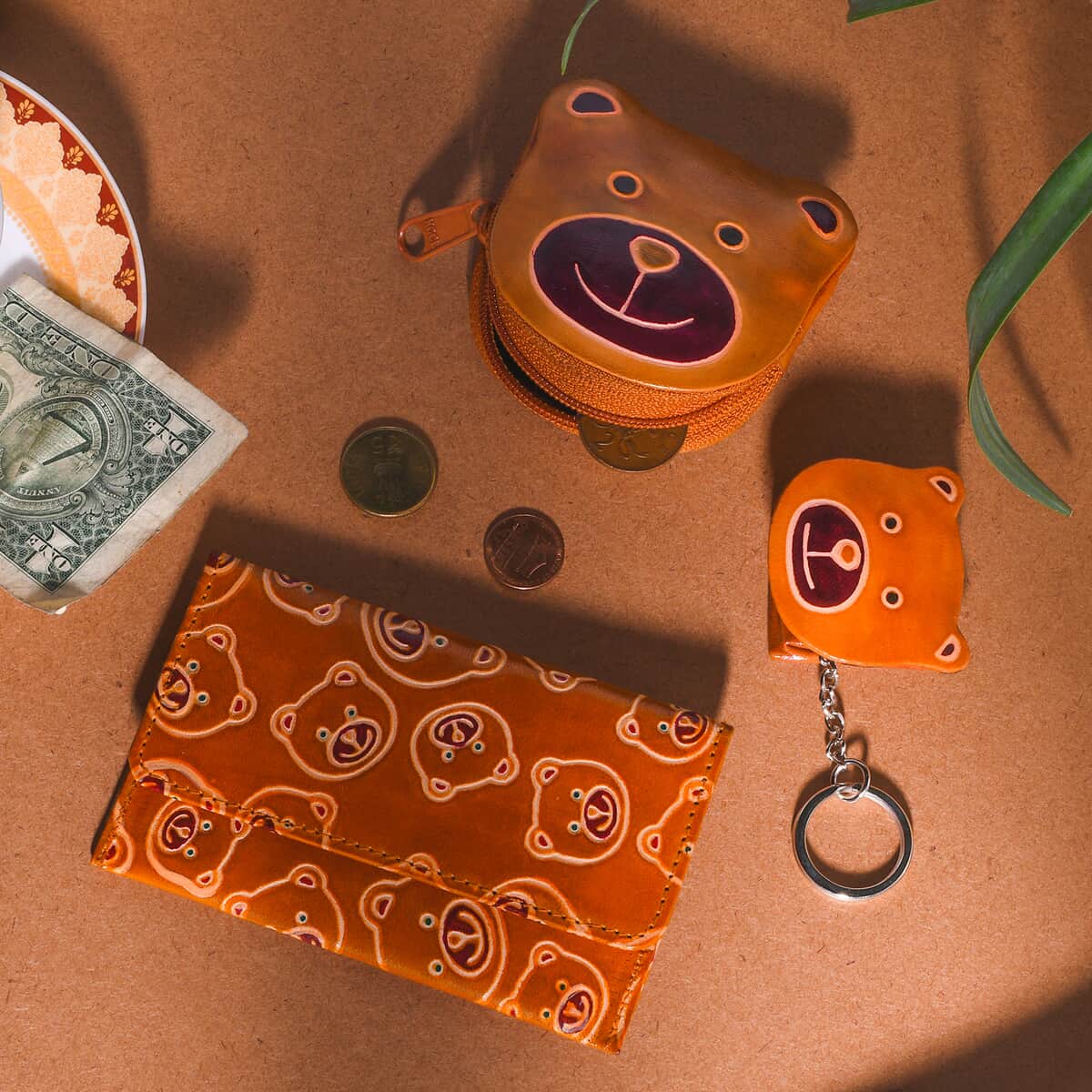 Orange Genuine Leather Bear Coin Pouch, Keychain and Wallet image number 1