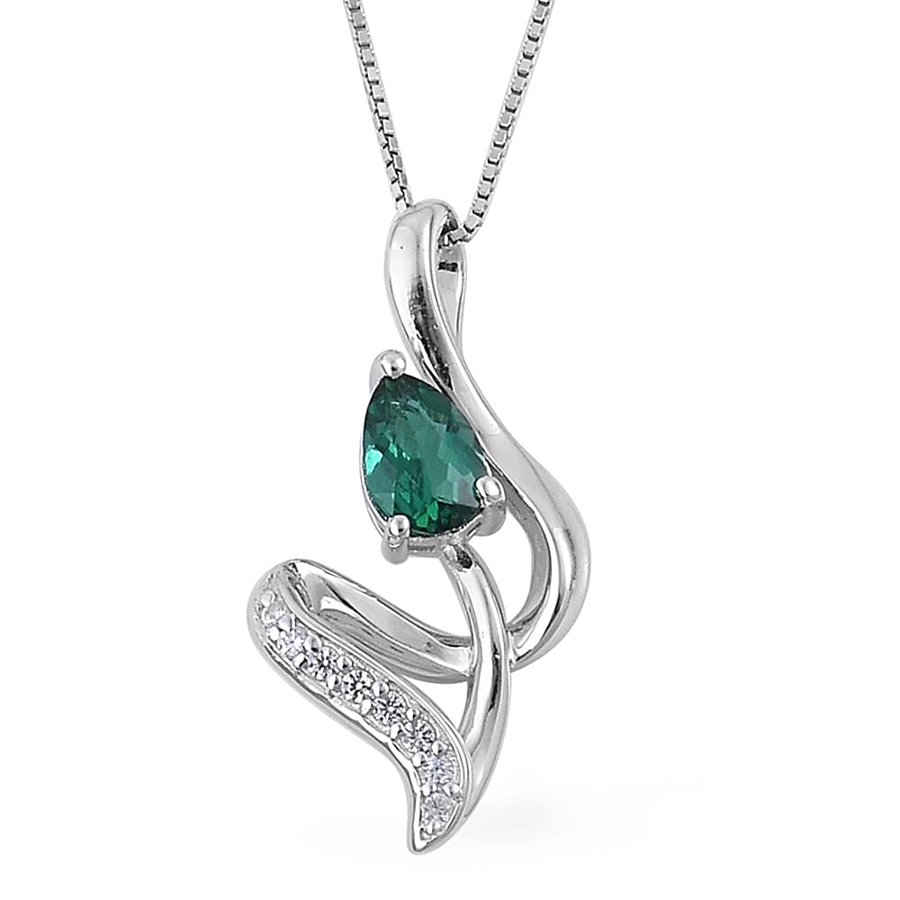 Lab Created Emerald and Lab Created White Sapphire Pendant Necklace 18 Inch in Sterling Silver