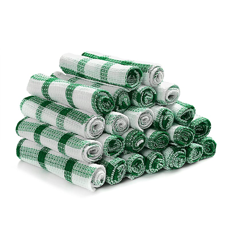 Set of 24 Green Cotton Checkered Pattern Dish Cloths