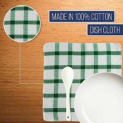 Set of 24 Green Cotton Checkered Pattern Dish Cloths