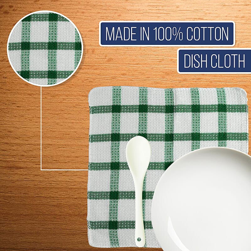 Set of 24 Green Cotton Checkered Pattern Dish Cloths