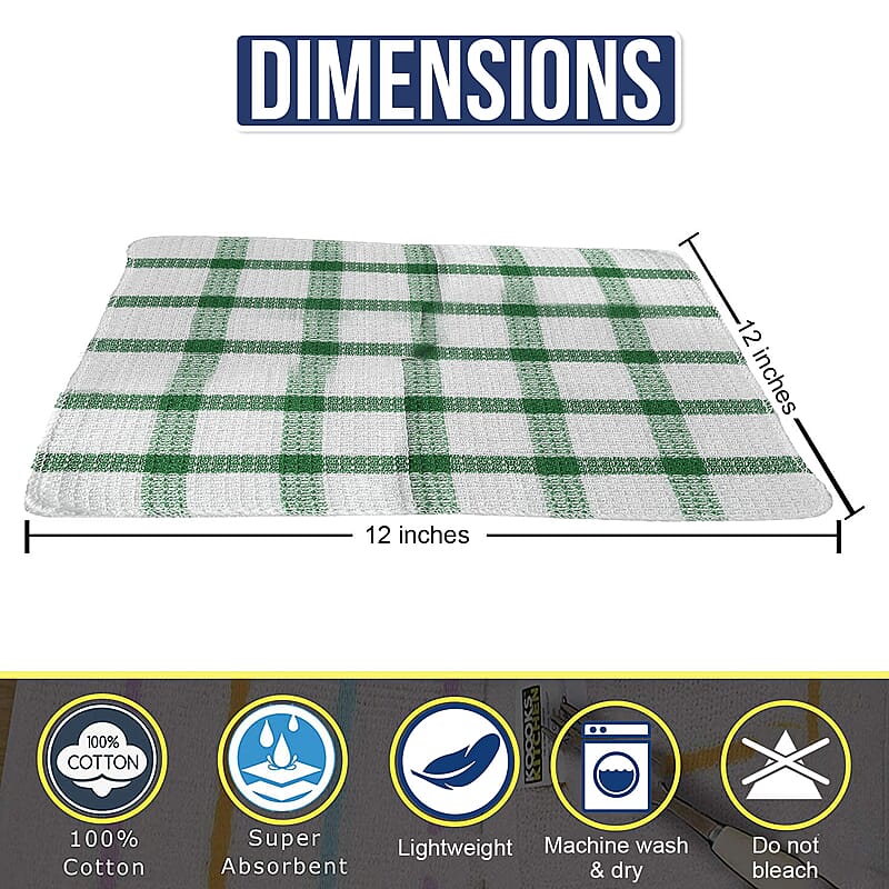 Set of 24 Green Cotton Checkered Pattern Dish Cloths