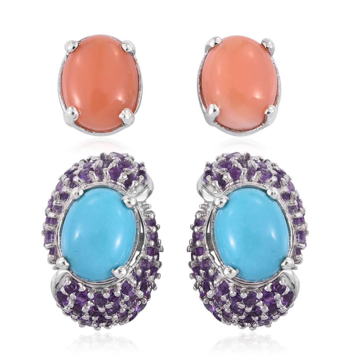 Set of 2 Arizona Sleeping Beauty Turquoise, Melon Coral, Amethyst Platinum Over Sterling Silver Stud Earrings with Ear Jacket 7.27 ctw image number 0