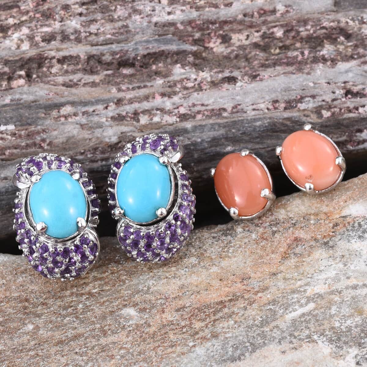 Set of 2 Arizona Sleeping Beauty Turquoise, Melon Coral, Amethyst Platinum Over Sterling Silver Stud Earrings with Ear Jacket 7.27 ctw image number 1
