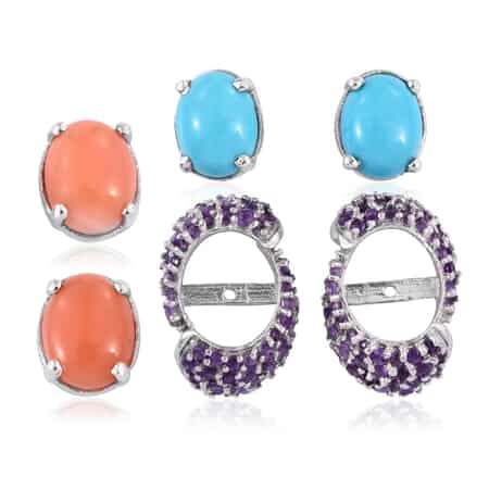 Set of 2 Arizona Sleeping Beauty Turquoise, Melon Coral, Amethyst Platinum Over Sterling Silver Stud Earrings with Ear Jacket 7.27 ctw image number 2