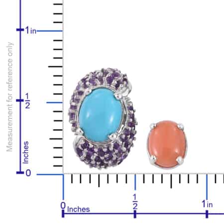 Set of 2 Arizona Sleeping Beauty Turquoise, Melon Coral, Amethyst Platinum Over Sterling Silver Stud Earrings with Ear Jacket 7.27 ctw image number 4