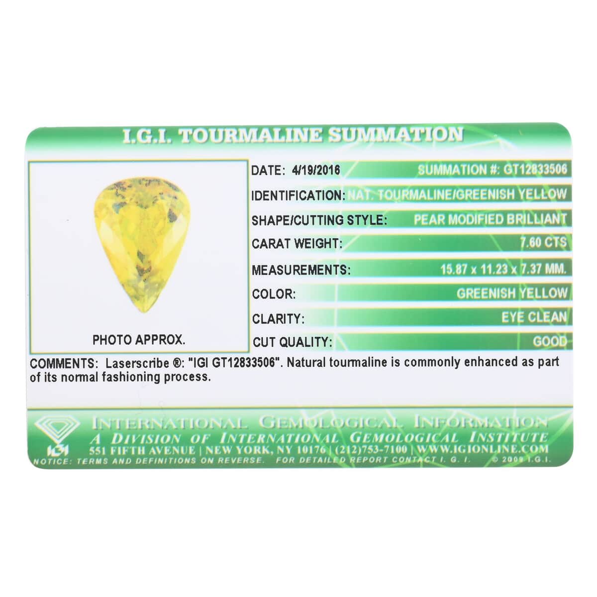 IGI Certified Natural Canary Tourmaline Faceted (Pear 4A 15.87x11.23) 7.60 ctw image number 3