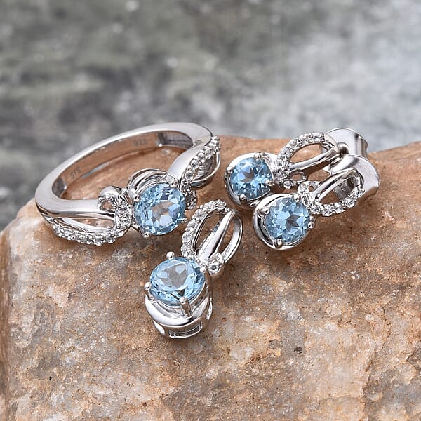 Sky Blue Topaz and White Topaz Earrings, Ring Size 7 and Pendant in Sterling Silver 2.40 ctw