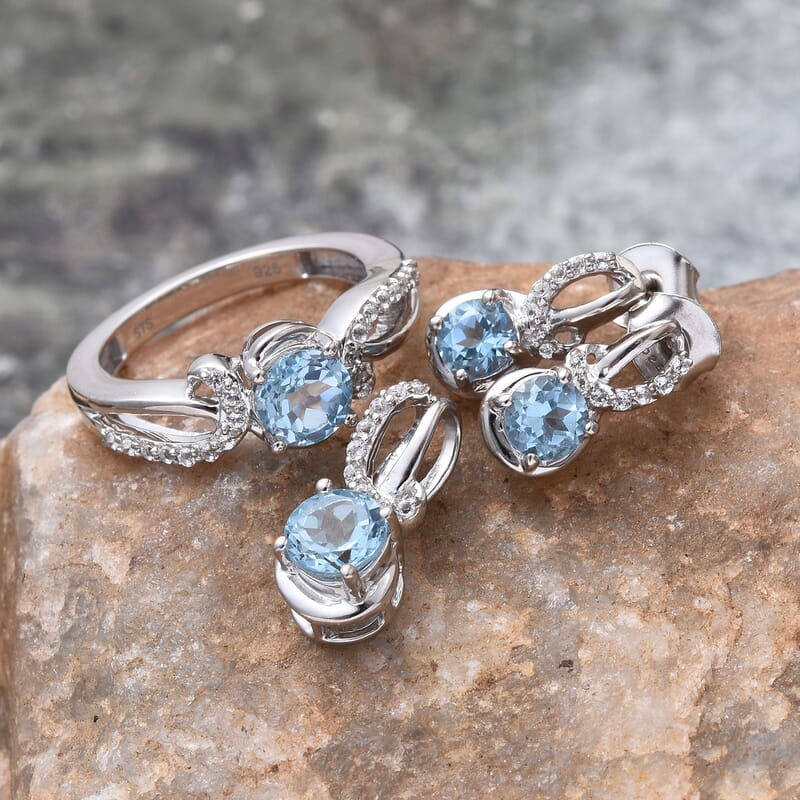 Sky Blue Topaz and White Topaz Earrings, Ring Size 7 and Pendant in Sterling Silver 2.40 ctw