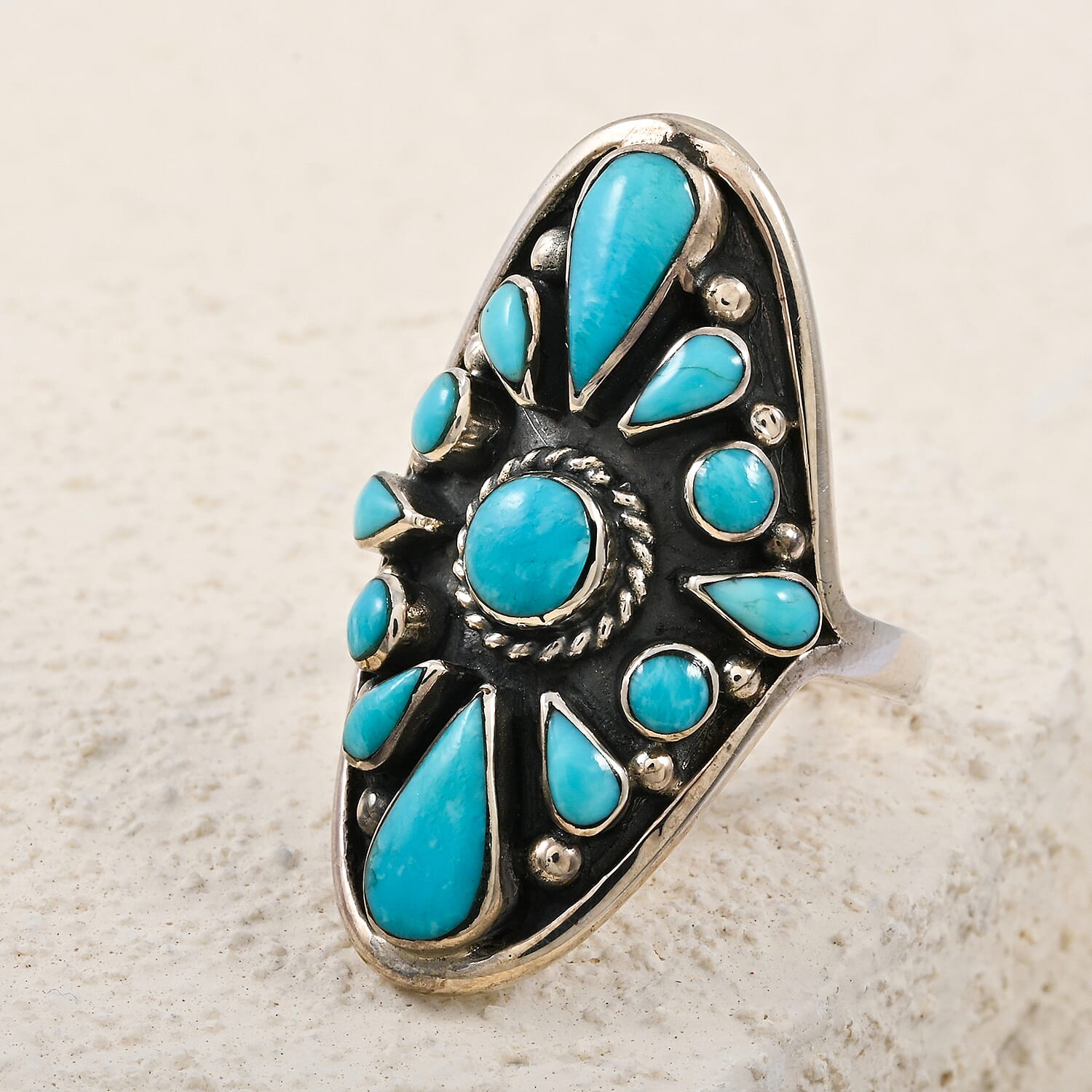 Santa Fe Style Turquoise Sterling Silver Elongated Ring (Size 9.0) 4.91 ctw