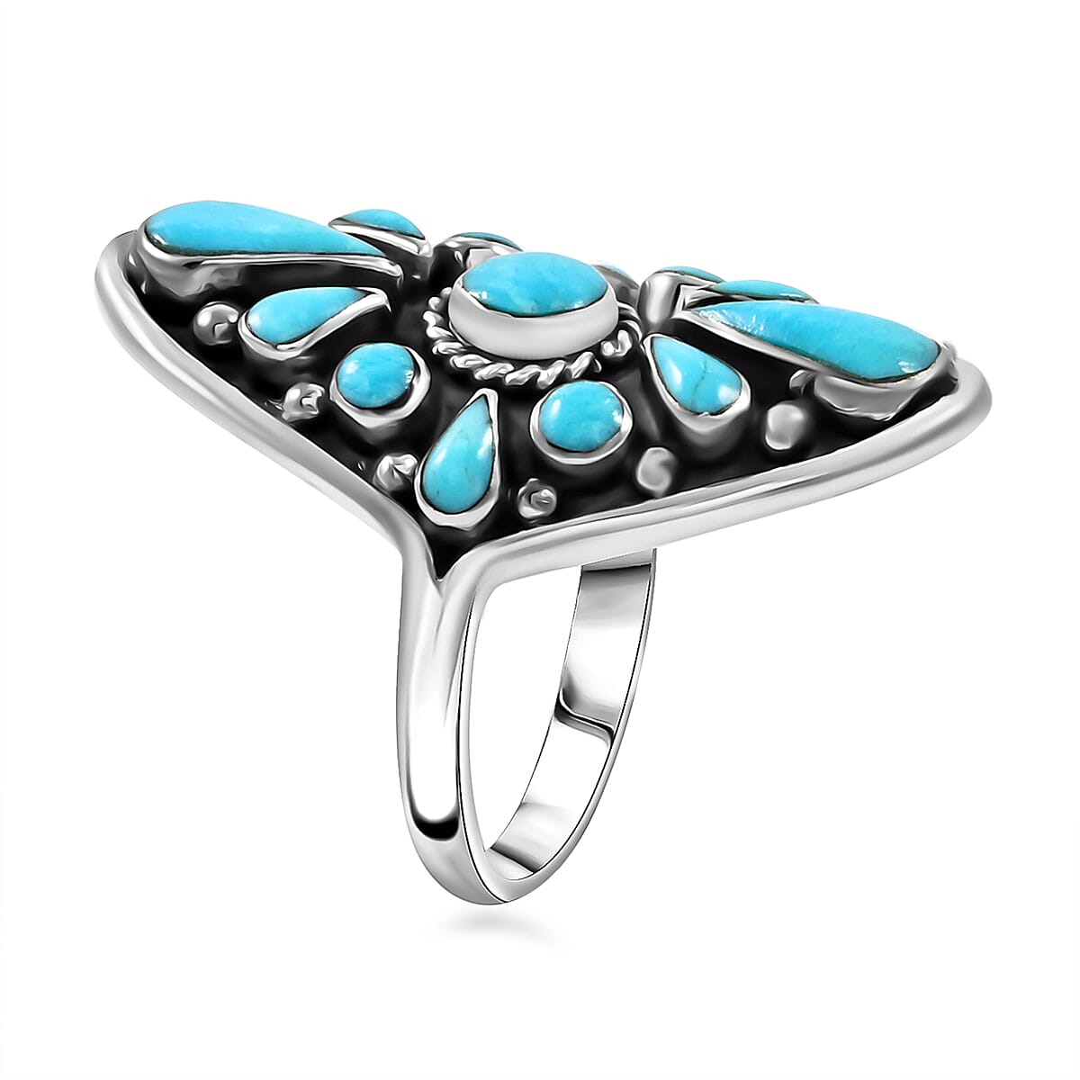 Santa Fe Style Turquoise Sterling Silver Elongated Ring (Size 9.0) 4.91 ctw