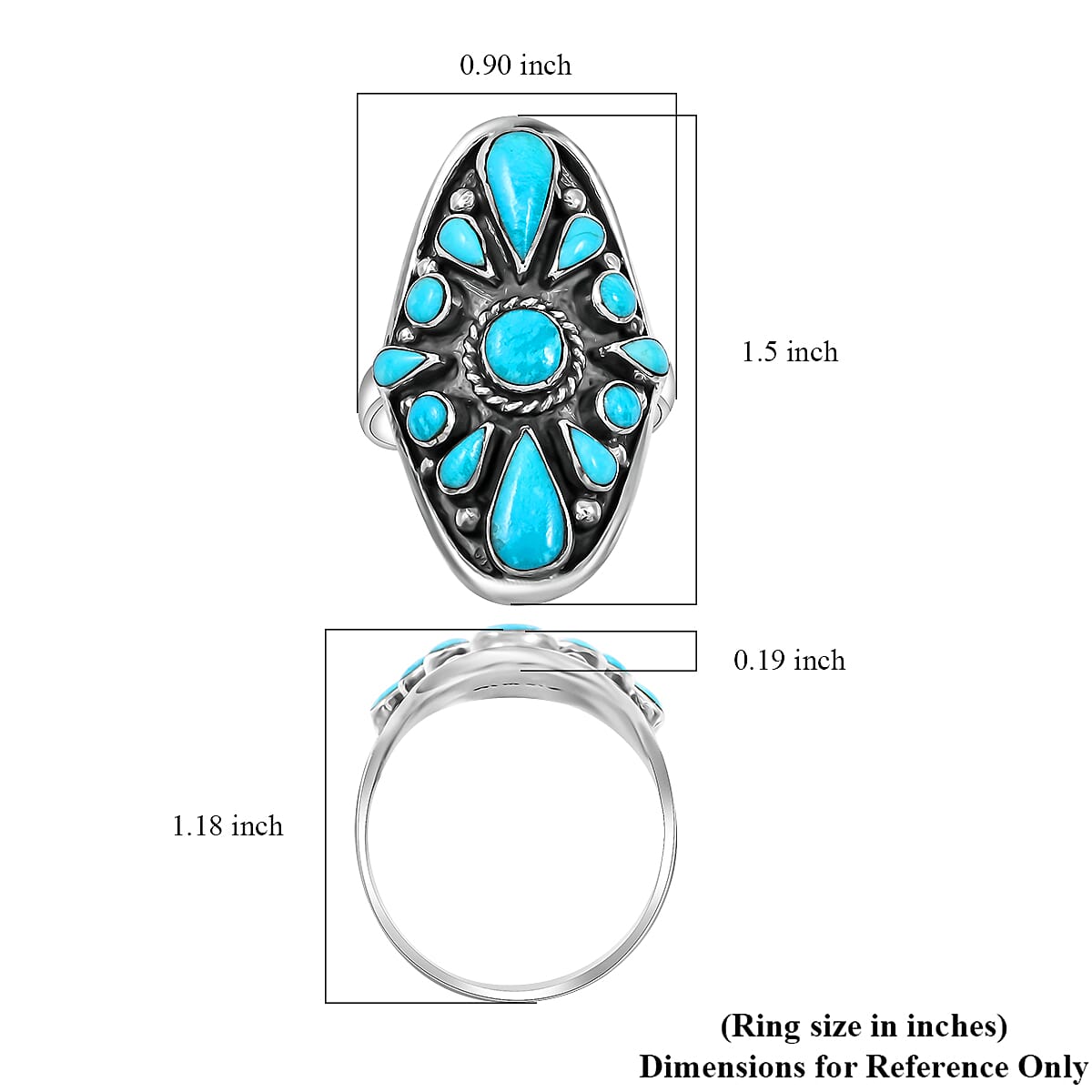 Santa Fe Style Turquoise Sterling Silver Elongated Ring (Size 9.0) 4.91 ctw