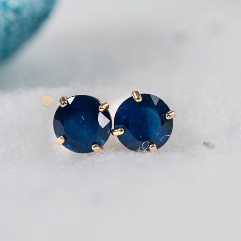 14K Yellow Gold Madagascar Blue Sapphire Round Stud Earrings 1.20 ctw