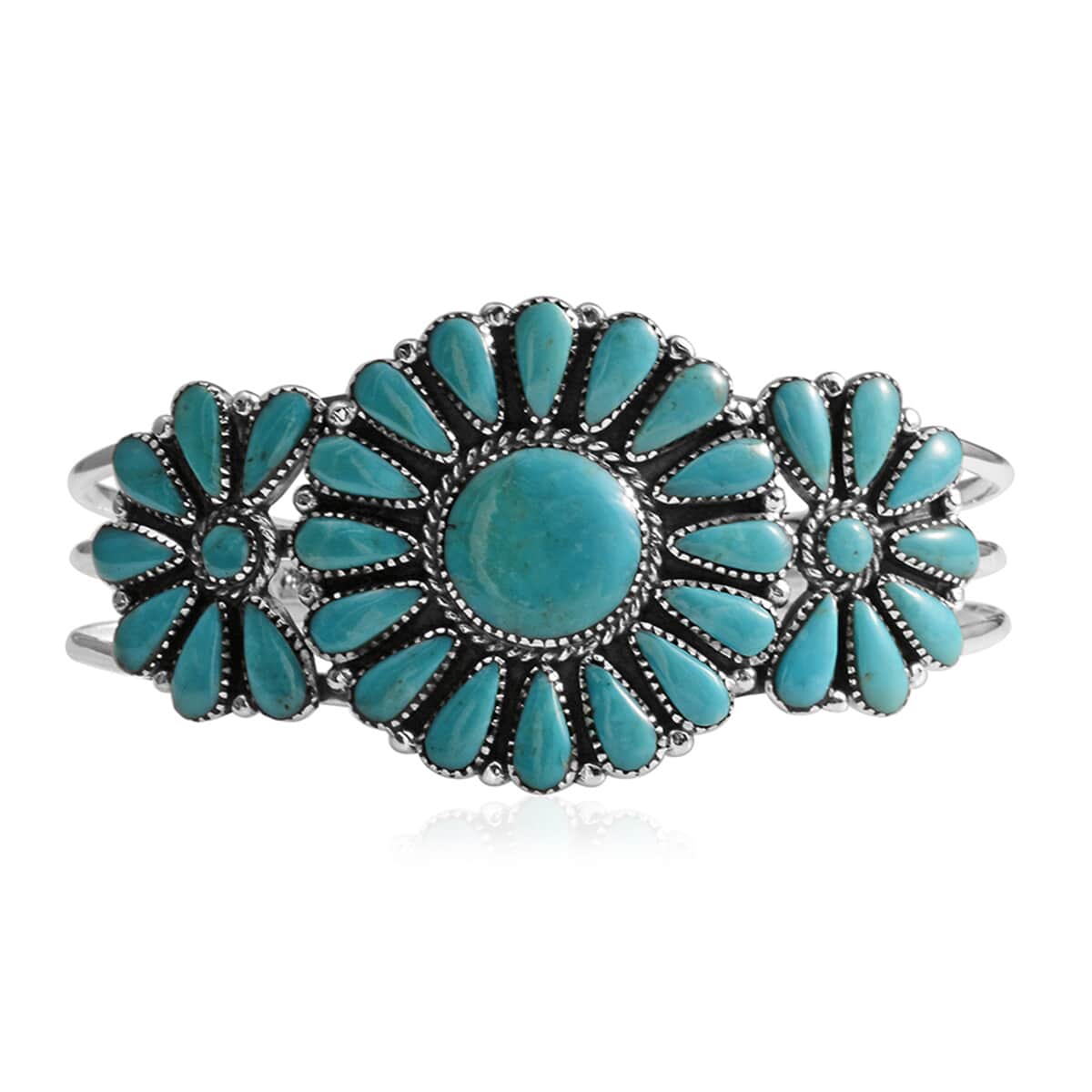 Santa Fe Style Kingman Turquoise 20.00 ctw Floral Cuff Bracelet in Sterling Silver (7 in) image number 0