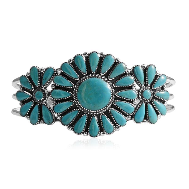 Santa Fe Style Kingman Turquoise 20.00 ctw Floral Cuff Bracelet in Sterling Silver (7 In)
