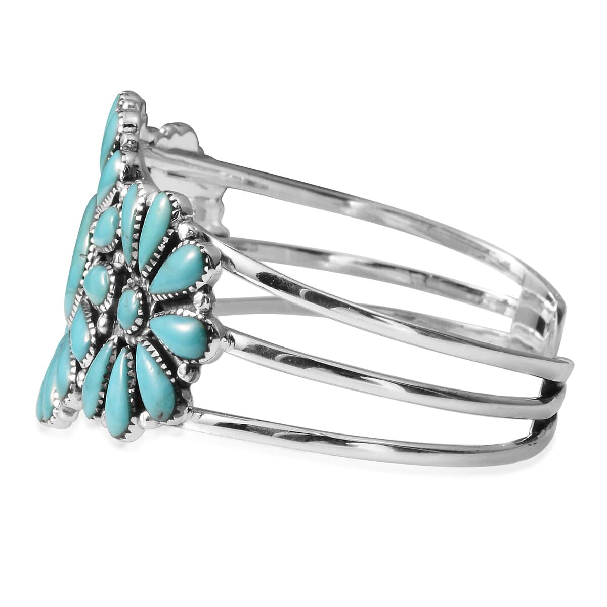 Santa Fe Style Kingman Turquoise 20.00 ctw Floral Cuff Bracelet in Sterling Silver (7 in) image number 1