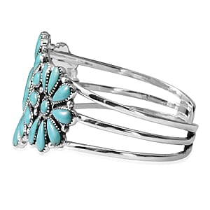 Santa Fe Style Kingman Turquoise 20.00 ctw Floral Cuff Bracelet in Sterling Silver (7 in)