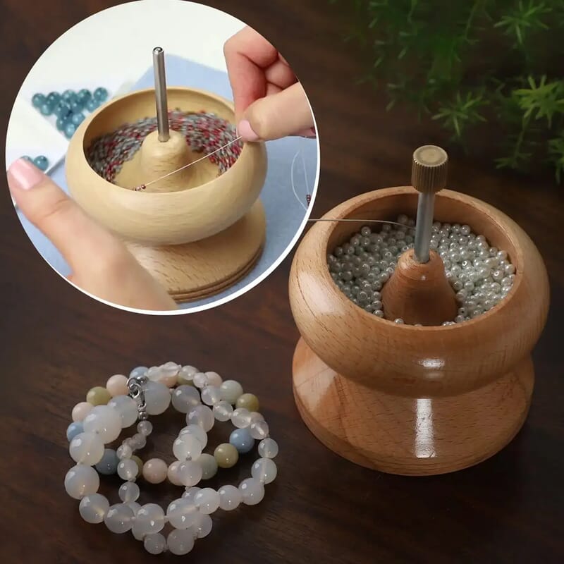 Seed Bead Spinner with Big Eye Beading Needle, Wooden Spin and String Beading Spinner Jewellery Making Tool with Curved Needle