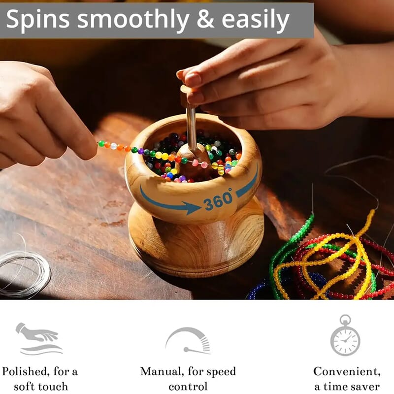 Seed Bead Spinner with Big Eye Beading Needle, Wooden Spin and String Beading Spinner Jewellery Making Tool with Curved Needle