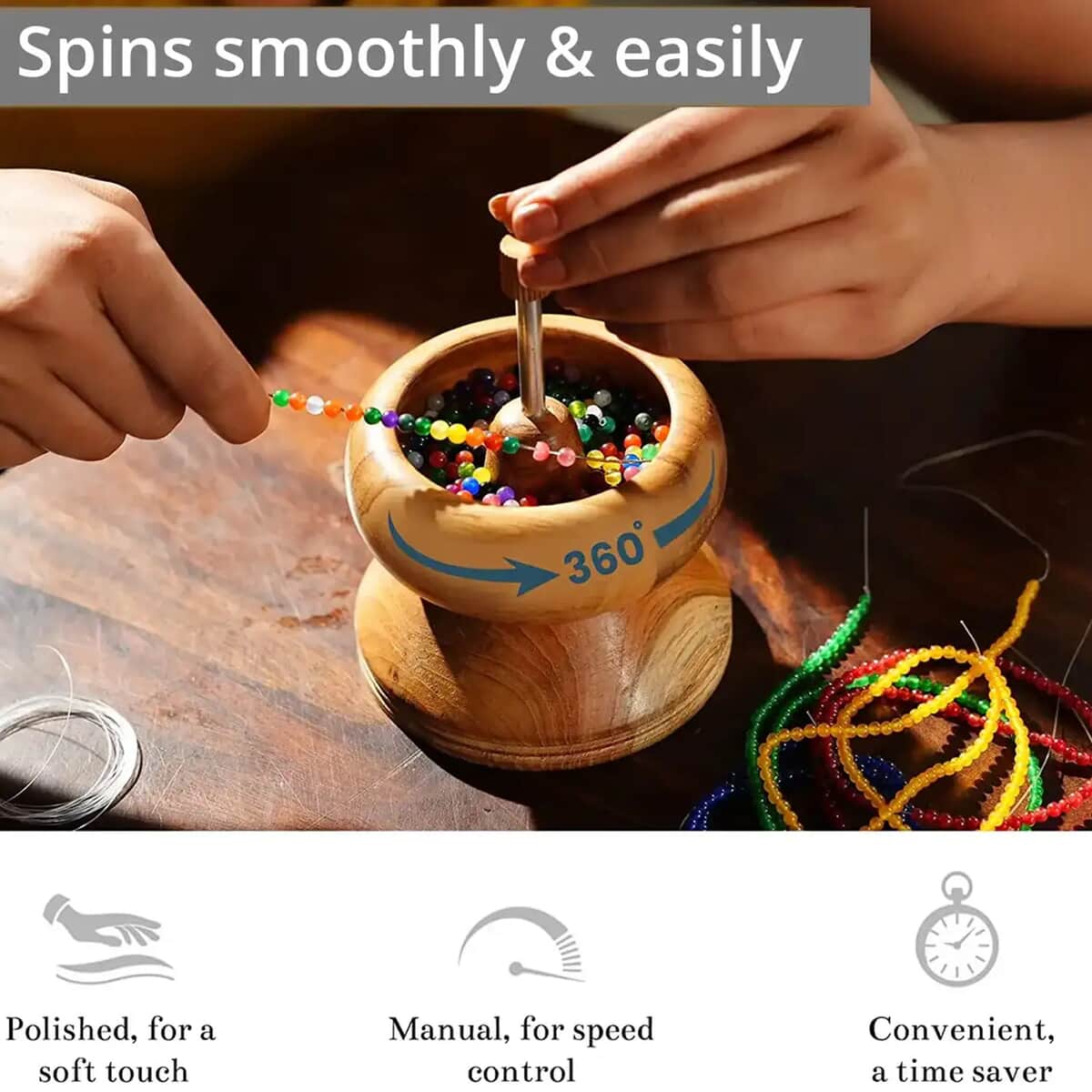 Seed Bead Spinner with Big Eye Beading Needle, Wooden Spin and String Beading Spinner Jewellery Making Tool with Curved Needle image number 3