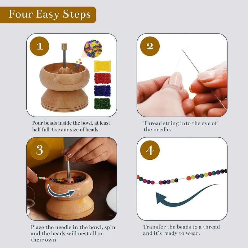 Seed Bead Spinner with Big Eye Beading Needle, Wooden Spin and String Beading Spinner Jewellery Making Tool with Curved Needle